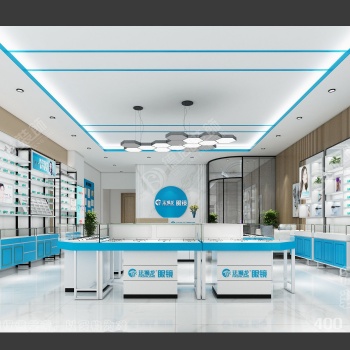 蓝白烤漆眼镜店展柜设计效果图案例