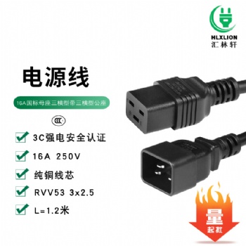 16A 中规CCC横型三孔母头插C19带三插横型公座C20电源插头定制