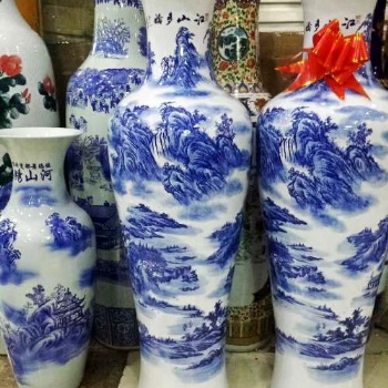 西安陶瓷花瓶摆件 仿古青花瓷山水大花瓶销售