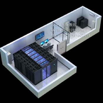 青岛大数据运算机房效果图制作，主机房，服务器机房俯视图设计